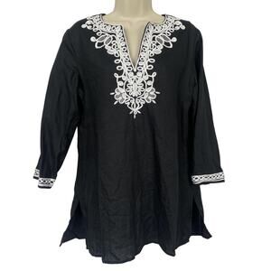 Jones New York Linen Tunic Top Women Medium Black White Soutache Embroidery Boho